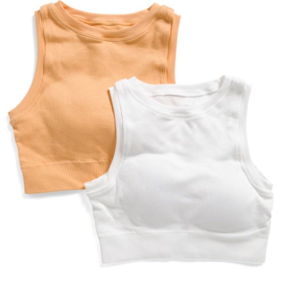 NWT PRO FIT 2pk Ribbed Active Bras White and Apricot Nectar Pull on Size L